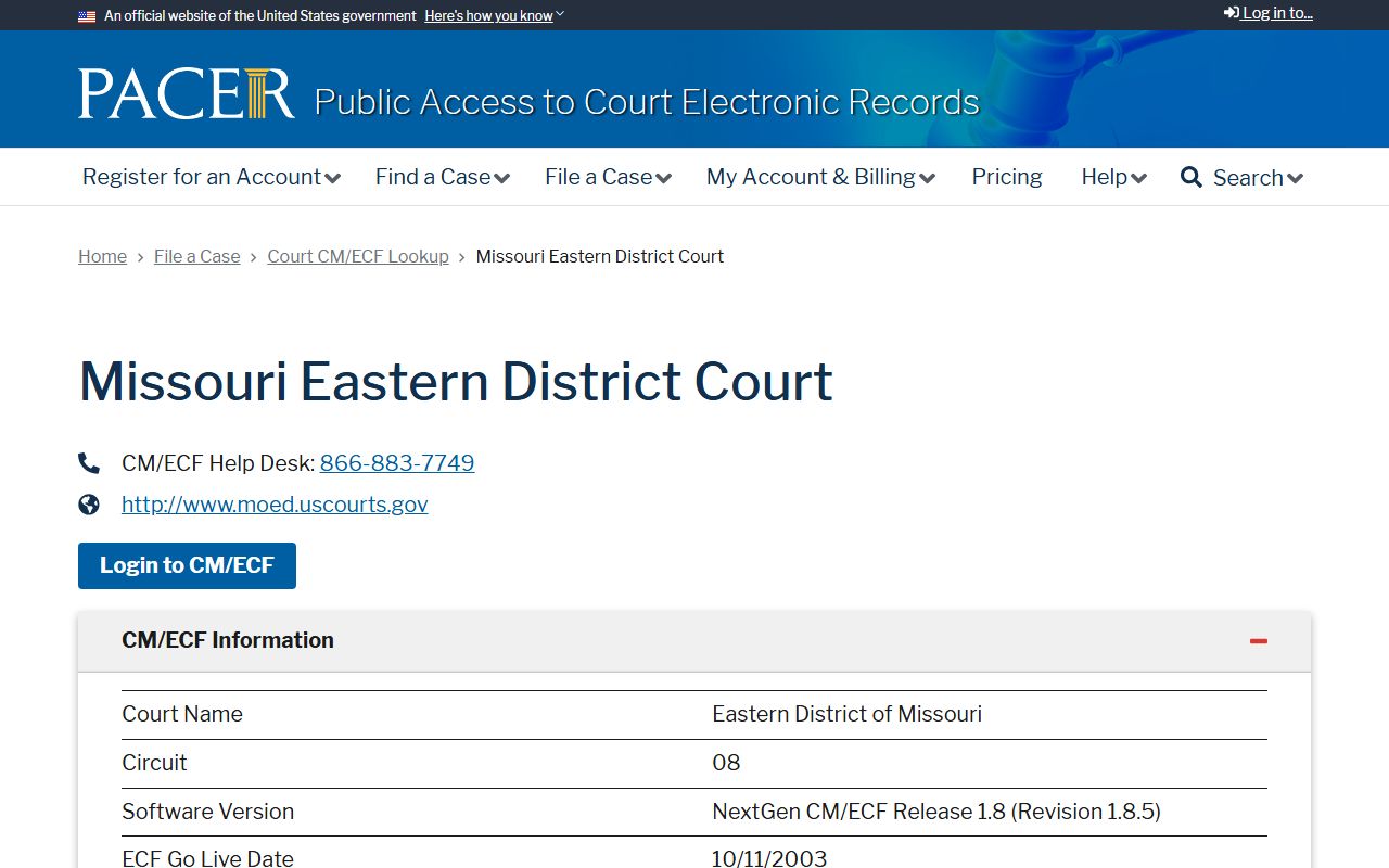PACER lookup for Missouri Eastern District Court