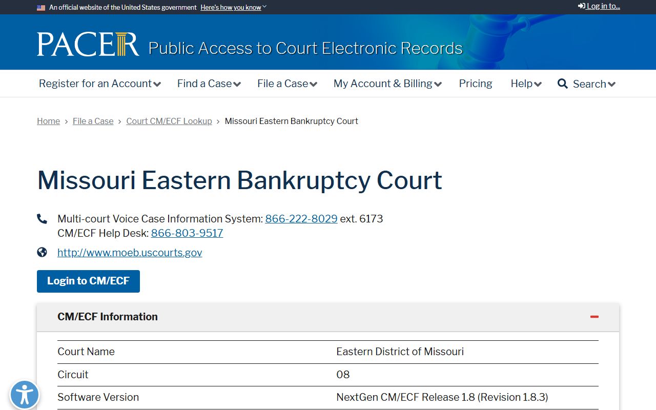 PACER lookup for Missouri Eastern Bankruptcy Court