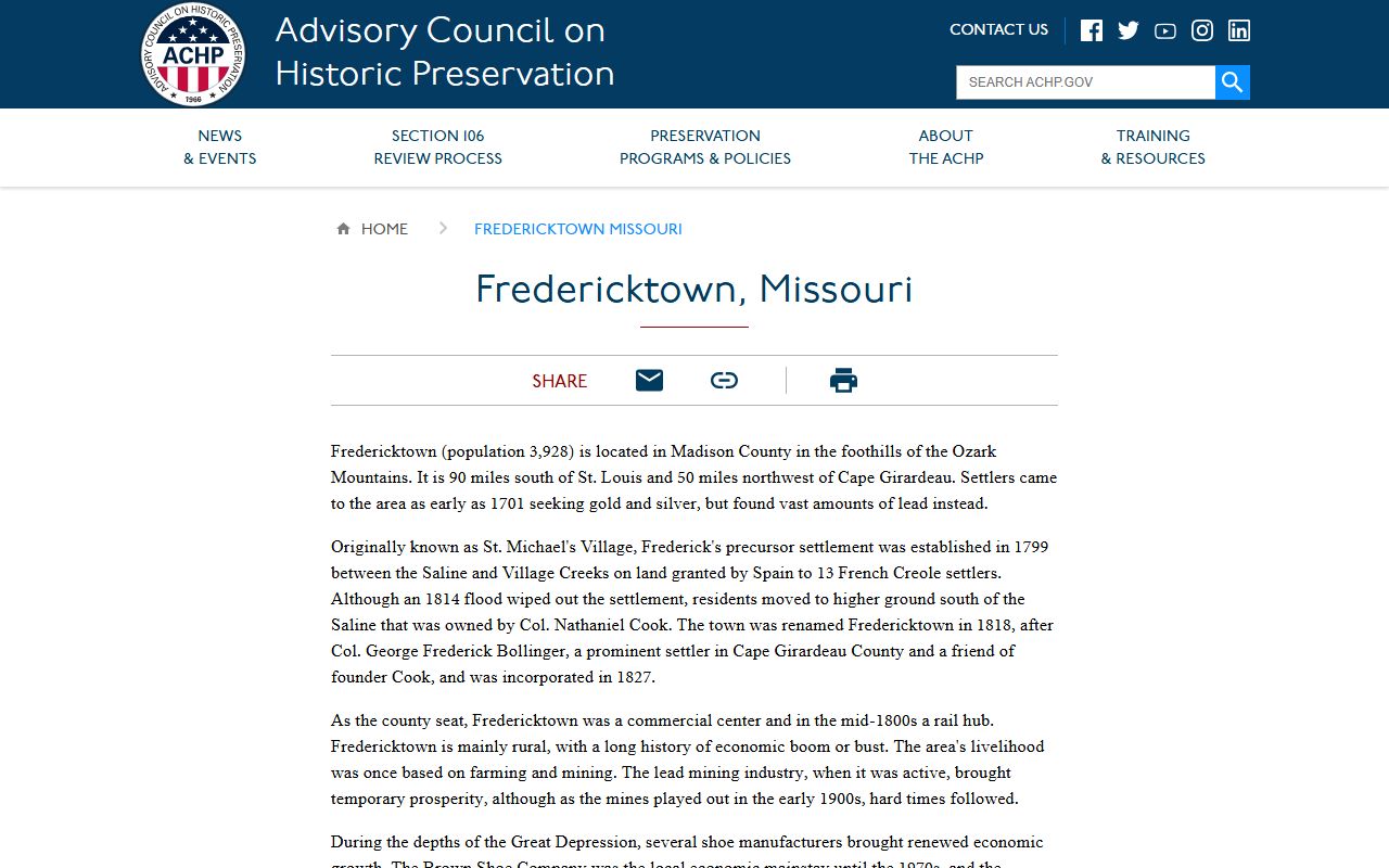 Fredericktown Preserve America history page