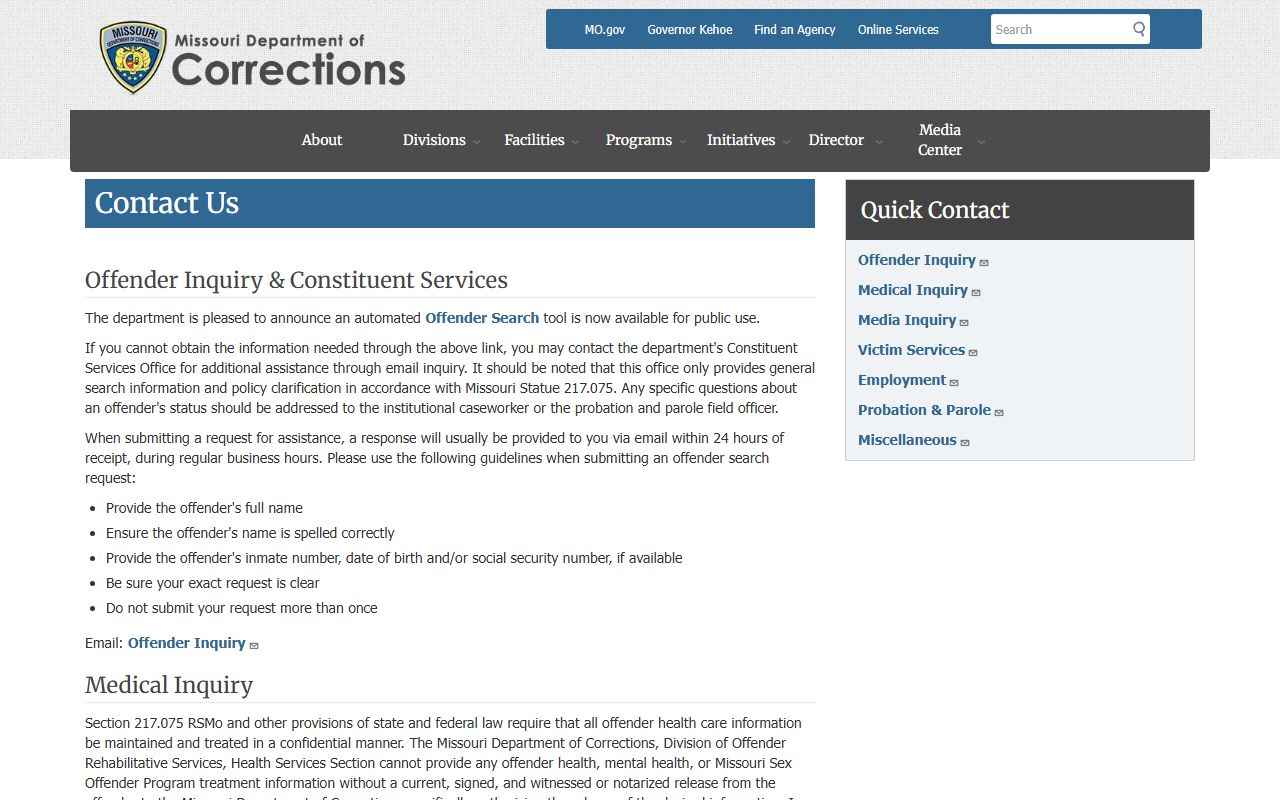 Madison County inmate records Missouri DOC contact source