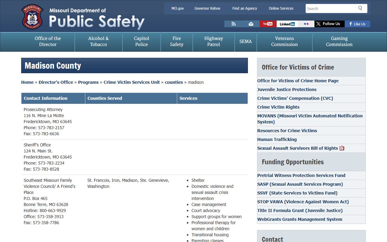 Madison County inmate records Missouri DPS sheriff contact source