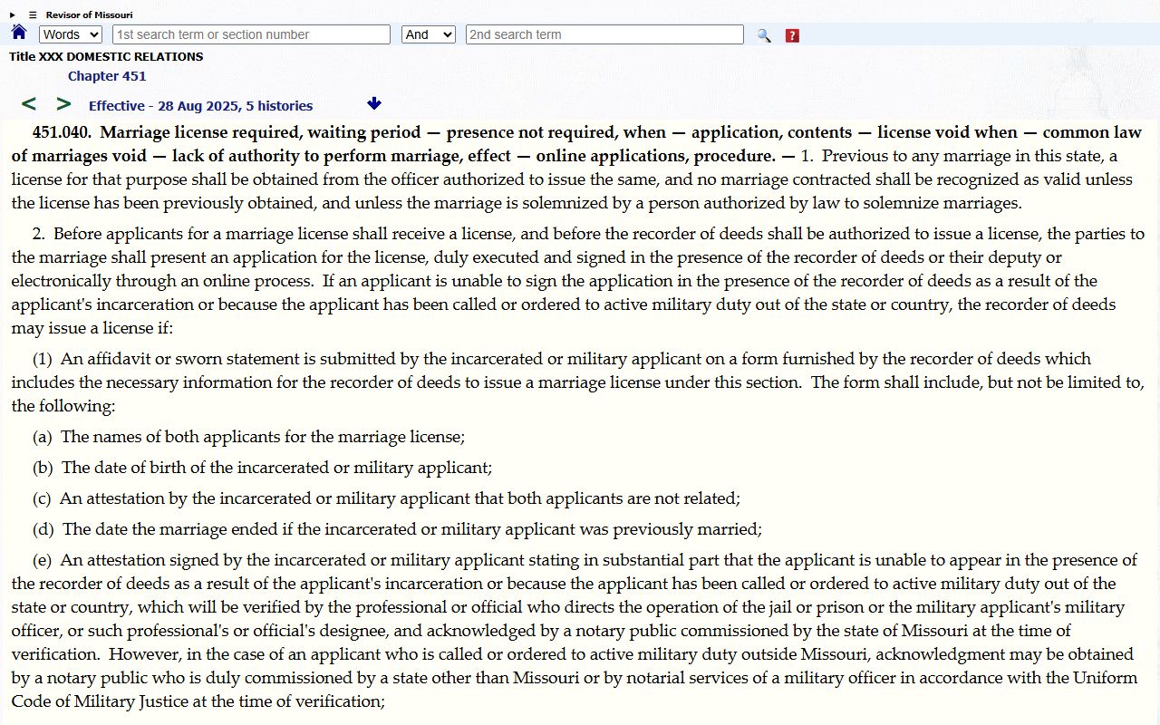 Madison County marriage records Missouri marriage license statute