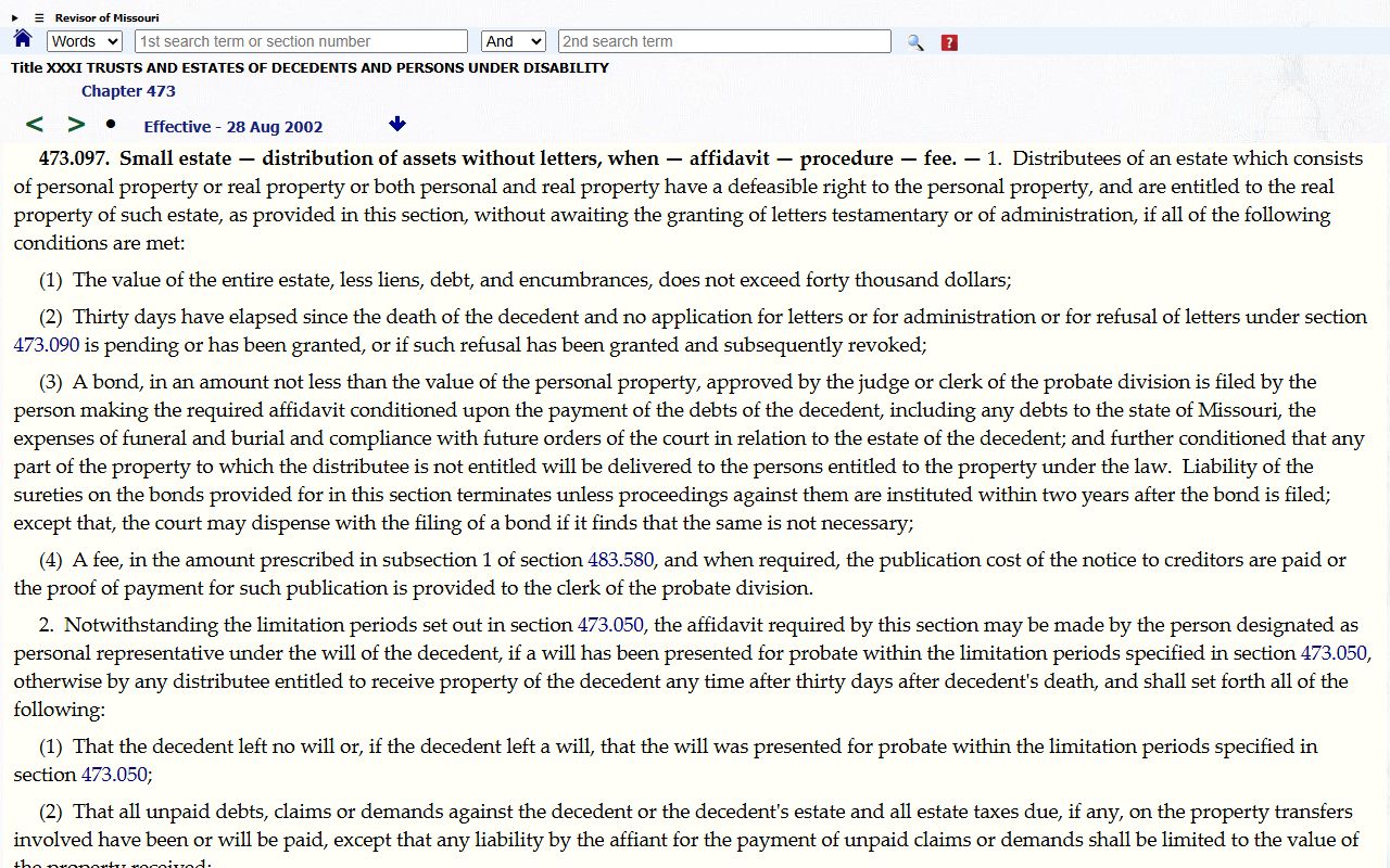 Madison County probate records Missouri small estate statute